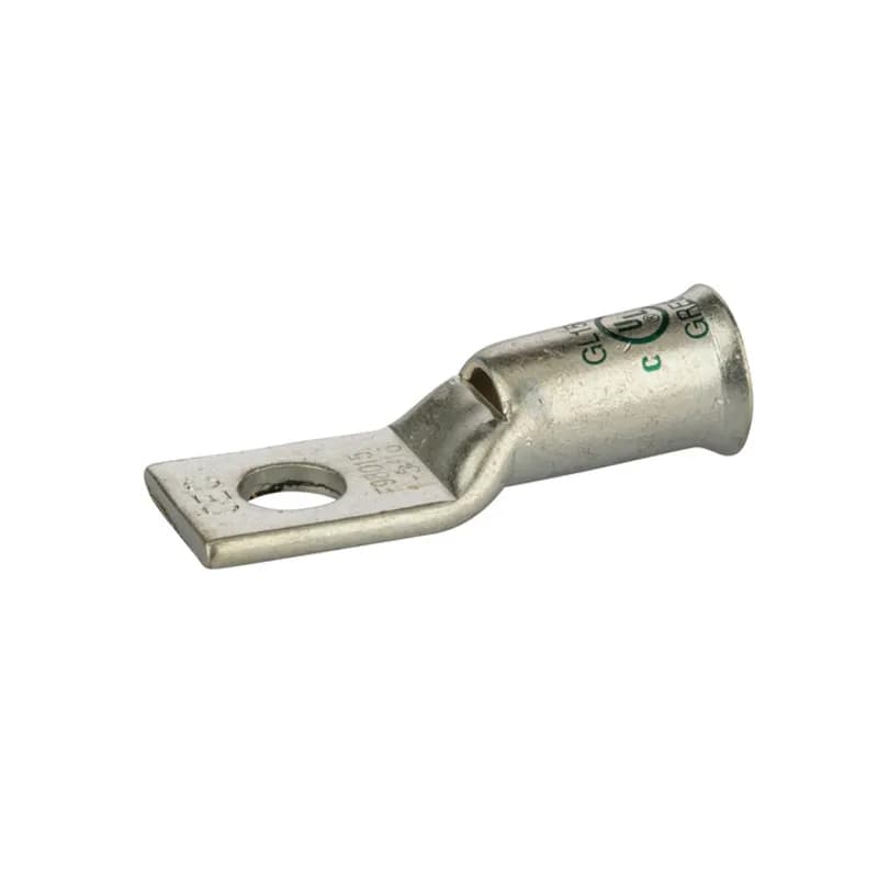 1 Hole Short Barrel Copper Compression Lug for Flexible Copper Cable 1AWG - 5/16" Bolt Compression lugs for flexible copper cables are connects that have a gentle, continuous flared end to ensure ease of cable insertion of flexible and extra flexible cables such as locomotive, welding, mining cable and more. The flared end also reduces pressure on the cable strands after installation and protects them from chafing and breakage as a result of cable movement. Tin-plated for corrosion resistance. Rated 600 volts for copper cables only. Single mounting hole.