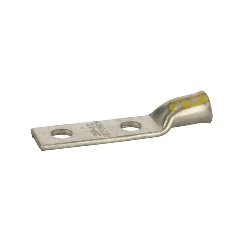 2Hole Short Barrel Copper Compression Lug for Flexible Copper Cable250MCM - 1/2" Bolt Compression lugs for flexible copper cables are connects that have a gentle, continuous flared end to ensure ease of cable insertion of flexible and extra flexible cables such as locomotive, welding, mining cable and more. The flared end also reduces pressure on the cable strands after installation and protects them from chafing and breakage as a result of cable movement. Tin-plated for corrosion resistance. Rated 600 volts for copper cables only. Single mounting hole.