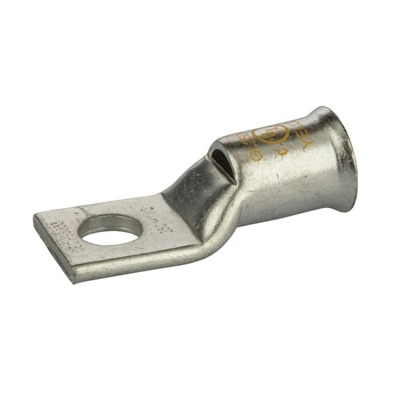 1 Hole Short Barrel Copper Compression Lug for Flexible Copper Cable 250 MCM - 1/2" Bolt Compression lugs for flexible copper cables are connects that have a gentle, continuous flared end to ensure ease of cable insertion of flexible and extra flexible cables such as locomotive, welding, mining cable and more. The flared end also reduces pressure on the cable strands after installation and protects them from chafing and breakage as a result of cable movement. Tin-plated for corrosion resistance. Rated 600 volts for copper cables only. Single mounting hole.