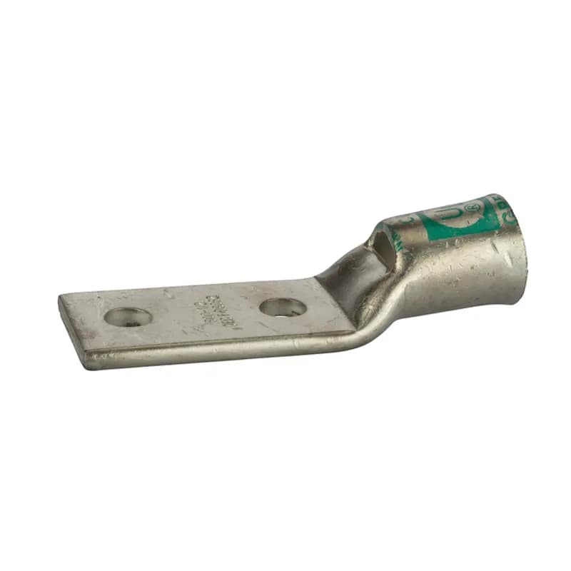 2 Hole Short Barrel Copper Compression Lug for Flexible Copper Cable 600 MCM- 1/2" Bolt Compression lugs for flexible copper cables are connects that have a gentle, continuous flared end to ensure ease of cable insertion of flexible and extra flexible cables such as locomotive, welding, mining cable and more. The flared end also reduces pressure on the cable strands after installation and protects them from chafing and breakage as a result of cable movement. Tin-plated for corrosion resistance. Rated 600 volts for copper cables only. Single mounting hole.