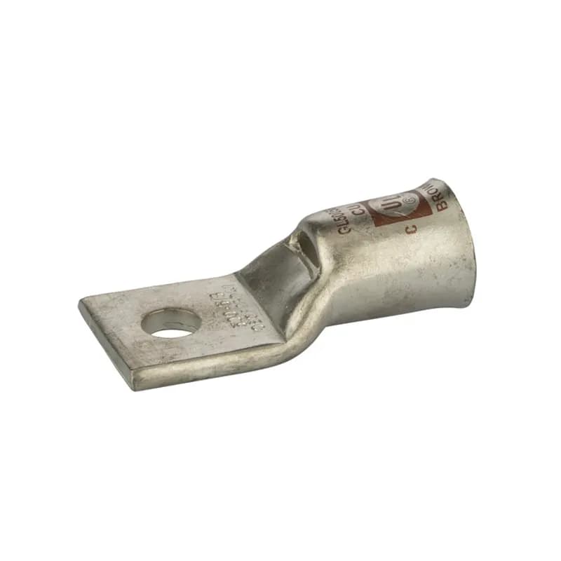 1 Hole Short Barrel Copper Compression Lug for Flexible Copper Cable 500 MCM- 5/8" Bolt Compression lugs for flexible copper cables are connects that have a gentle, continuous flared end to ensure ease of cable insertion of flexible and extra flexible cables such as locomotive, welding, mining cable and more. The flared end also reduces pressure on the cable strands after installation and protects them from chafing and breakage as a result of cable movement. Tin-plated for corrosion resistance. Rated 600 volts for copper cables only. Single mounting hole.