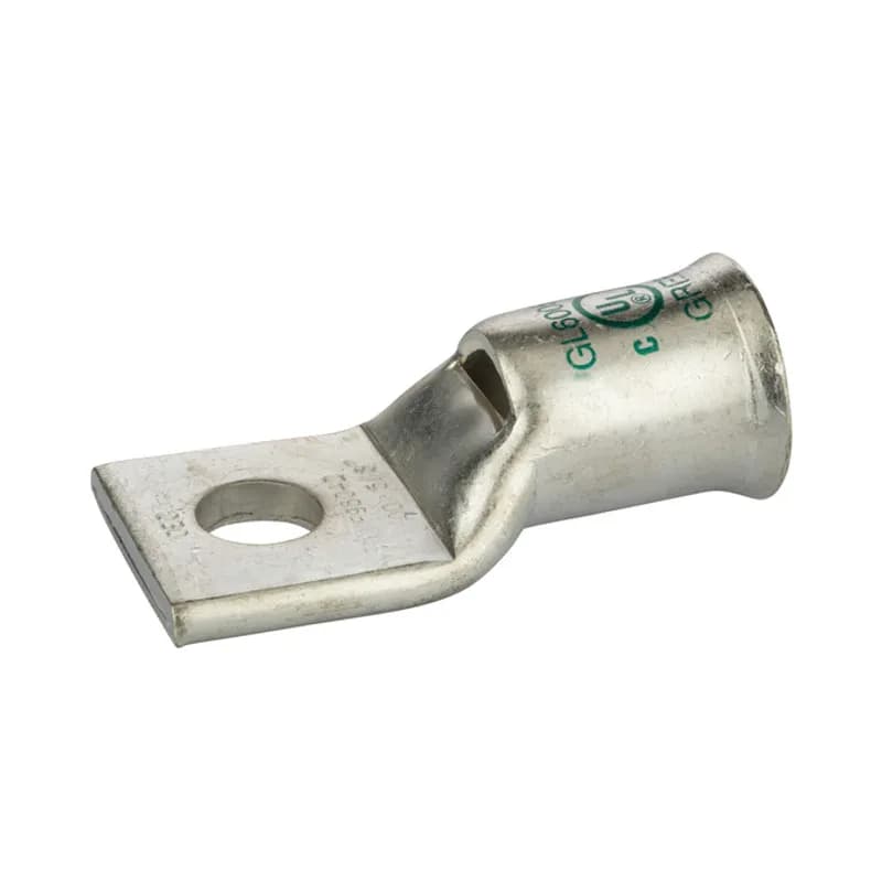 NSI Industries GL60058B - 1 Hole Short Barrel Copper Compression Lug for Flexible Copper Cable 600 MCM- 5/8" Bolt Compression lugs for flexible copper cables are connects that have a gentle, continuous flared end to ensure ease of cable insertion of flexible and extra flexible cables such as locomotive, welding, mining cable and more. The flared end also reduces pressure on the cable strands after installation and protects them from chafing and breakage as a result of cable movement. Tin-plated for corrosion resistance. Rated 600 volts for copper cables only. Single mounting hole.