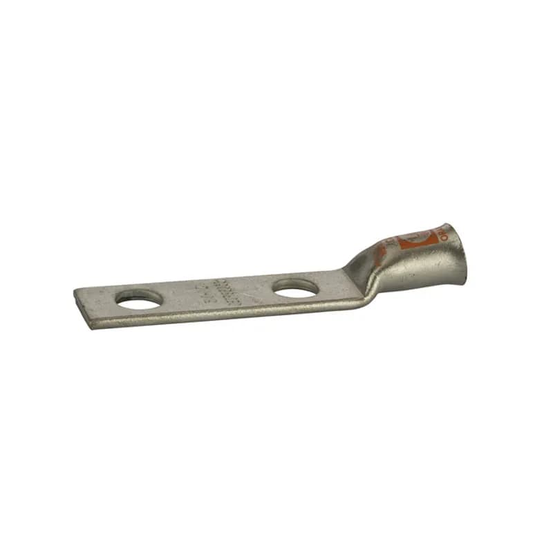 2Hole Short Barrel Copper Compression Lug for Flexible Copper Cable3/0AWG - 1/2" Bolt Compression lugs for flexible copper cables are connects that have a gentle, continuous flared end to ensure ease of cable insertion of flexible and extra flexible cables such as locomotive, welding, mining cable and more. The flared end also reduces pressure on the cable strands after installation and protects them from chafing and breakage as a result of cable movement. Tin-plated for corrosion resistance. Rated 600 volts for copper cables only. Single mounting hole.