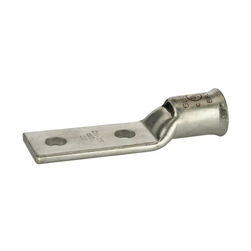 2Hole Short Barrel Copper Compression Lug for Flexible Copper Cable500 MCM- 1/2" Bolt Compression lugs for flexible copper cables are connects that have a gentle, continuous flared end to ensure ease of cable insertion of flexible and extra flexible cables such as locomotive, welding, mining cable and more. The flared end also reduces pressure on the cable strands after installation and protects them from chafing and breakage as a result of cable movement. Tin-plated for corrosion resistance. Rated 600 volts for copper cables only. Single mounting hole.