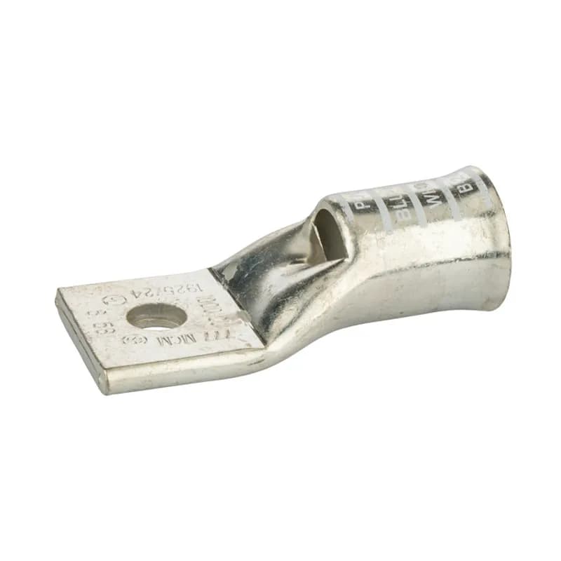 1 Hole Short Barrel Copper Compression Lug for Flexible Copper Cable 1000 MCM - 5/8" Bolt Compression lugs for flexible copper cables are connects that have a gentle, continuous flared end to ensure ease of cable insertion of flexible and extra flexible cables such as locomotive, welding, mining cable and more. The flared end also reduces pressure on the cable strands after installation and protects them from chafing and breakage as a result of cable movement. Tin-plated for corrosion resistance. Rated 600 volts for copper cables only. Single mounting hole.