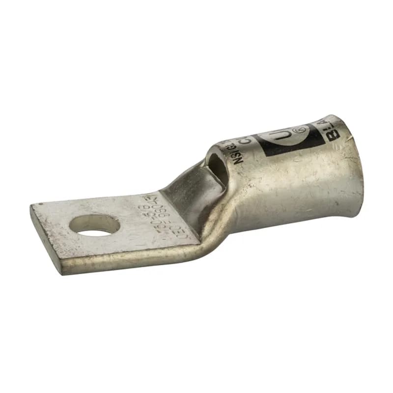 1 Hole Short Barrel Copper Compression Lug for Flexible Copper Cable 750 MCM- 5/8" Bolt Compression lugs for flexible copper cables are connects that have a gentle, continuous flared end to ensure ease of cable insertion of flexible and extra flexible cables such as locomotive, welding, mining cable and more. The flared end also reduces pressure on the cable strands after installation and protects them from chafing and breakage as a result of cable movement. Tin-plated for corrosion resistance. Rated 600 volts for copper cables only. Single mounting hole.