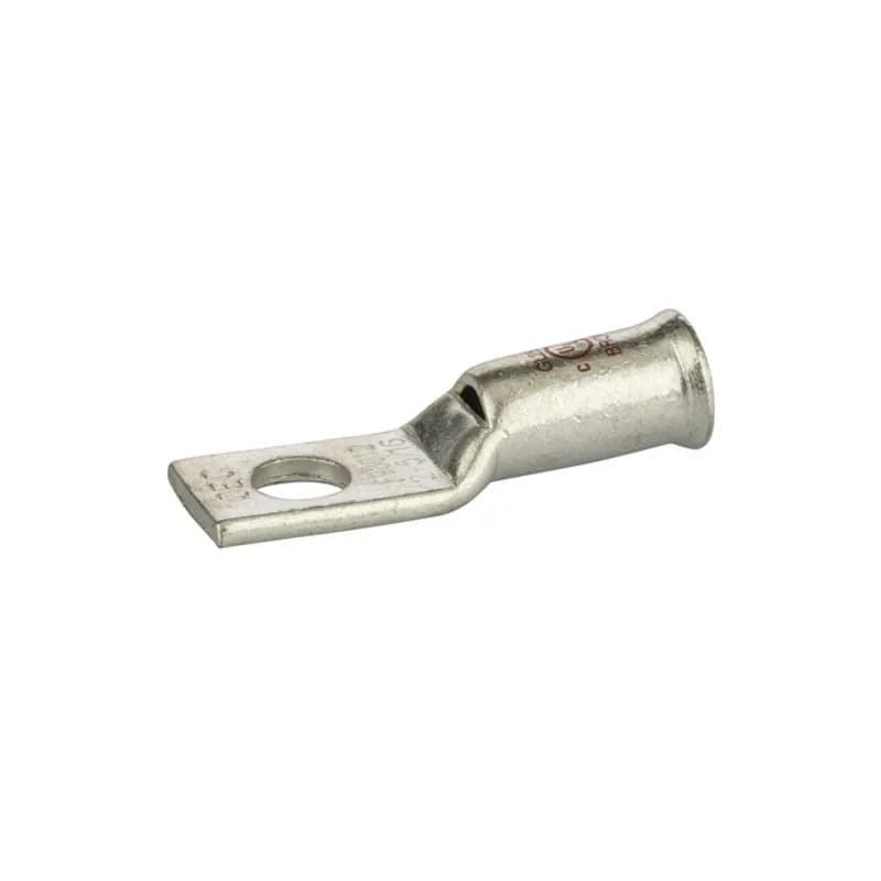 1 Hole Short Barrel Copper Compression Lug for Flexible Copper Cable2 AWG- 5/16" Bolt Compression lugs for flexible copper cables are connects that have a gentle, continuous flared end to ensure ease of cable insertion of flexible and extra flexible cables such as locomotive, welding, mining cable and more. The flared end also reduces pressure on the cable strands after installation and protects them from chafing and breakage as a result of cable movement. Tin-plated for corrosion resistance. Rated 600 volts for copper cables only. Single mounting hole.