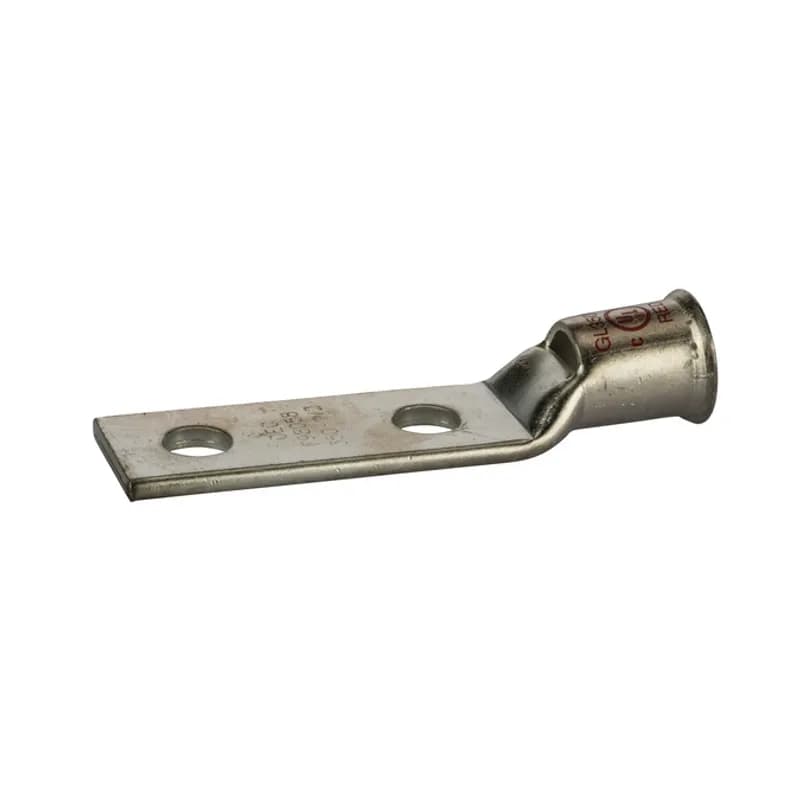 2Hole Short Barrel Copper Compression Lug for Flexible Copper Cable350 MCM- 1/2" Bolt Compression lugs for flexible copper cables are connects that have a gentle, continuous flared end to ensure ease of cable insertion of flexible and extra flexible cables such as locomotive, welding, mining cable and more. The flared end also reduces pressure on the cable strands after installation and protects them from chafing and breakage as a result of cable movement. Tin-plated for corrosion resistance. Rated 600 volts for copper cables only. Single mounting hole.