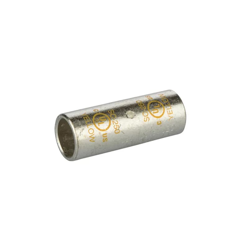 StandardBarrel TinnedCopperSplice250MCM Standard Barrel Tinned CopperSplices is a type of copper compression connector that is produced from high conductivity copper tubing. They are tin-plated to provide corrosion resistance and are marked with die index and color coded for easy reference. Listed for 35KV maximum when properly installed.