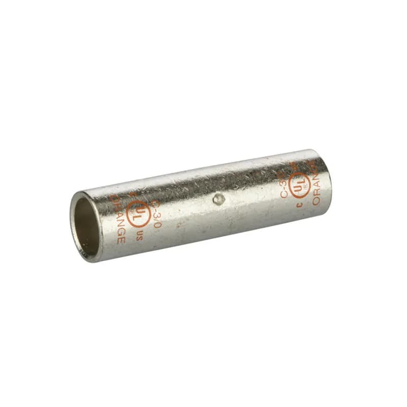 Long Barrel TinnedCopperSplice 3/0 AWG Long Barrel Tinned CopperSplices is a type of copper compression connector that is produced from high conductivity copper tubing. They are tin-plated to provide corrosion resistance and are marked with die index and color coded for easy reference. Listed for 35KV maximum when properly installed.