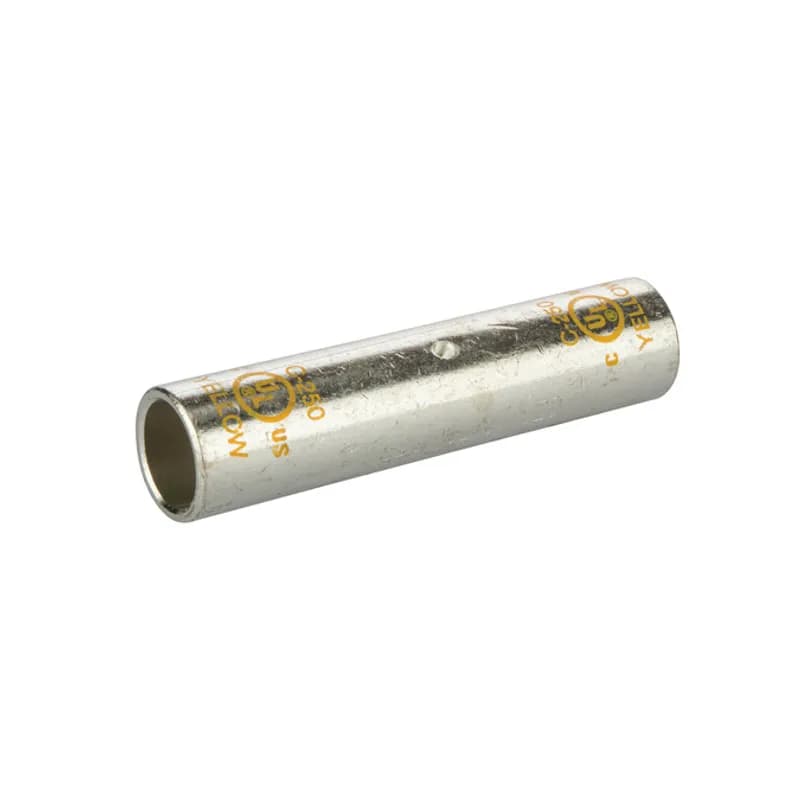 Long Barrel TinnedCopperSplice250 MCM Long Barrel Tinned CopperSplices is a type of copper compression connector that is produced from high conductivity copper tubing. They are tin-plated to provide corrosion resistance and are marked with die index and color coded for easy reference. Listed for 35KV maximum when properly installed.