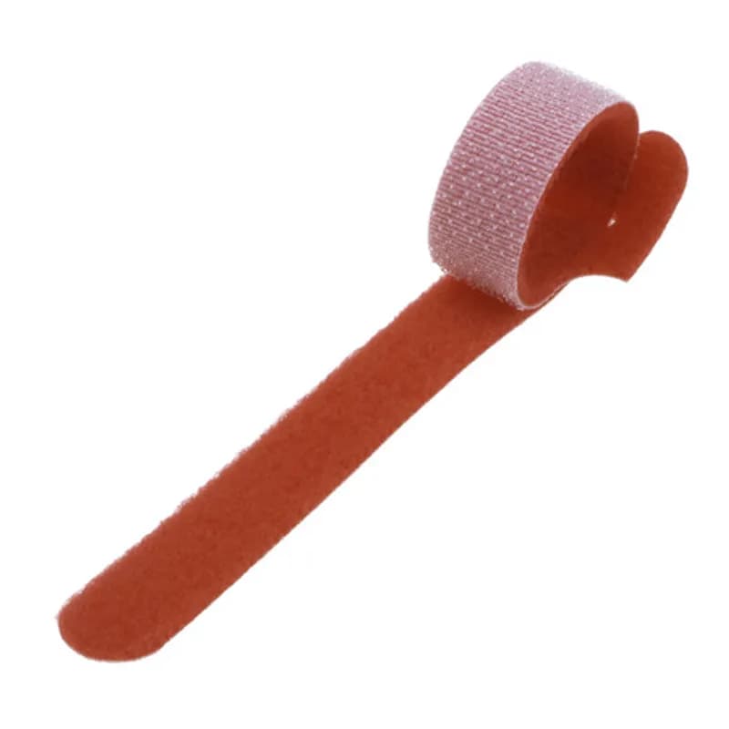 8-in Red hook and loop fastener Cable Ties - 25 Pieces hook and loop fastener Cable Ties offer a unique back-to-back fastening system: a self-gripping, double-sided strap that is easy to use and cost effective. They feature a molded high performance polyethylene hook fastener laminated on to a non-woven polyester loop. The low peel strength allows for easy entry or removal by the user yet the average shear strength is 3.0 psi, which increases substantially with each circular rotation. Will not over-cinch delicate cable and fiber optics. For use with cord and cable management, wire harnesses, inventory control, fibre optics, packaging, in-plant maintenance, etc. Allow for a minimum 2" overlap when installing.