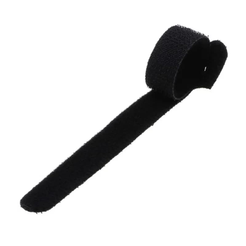 8-in Black hook and loop fastener Cable Ties - 25 Pieces hook and loop fastener Cable Ties offer a unique back-to-back fastening system: a self-gripping, double-sided strap that is easy to use and cost effective. They feature a molded high performance polyethylene hook fastener laminated on to a non-woven polyester loop. The low peel strength allows for easy entry or removal by the user yet the average shear strength is 3.0 psi, which increases substantially with each circular rotation. Will not over-cinch delicate cable and fiber optics. For use with cord and cable management, wire harnesses, inventory control, fibre optics, packaging, in-plant maintenance, etc. Allow for a minimum 2" overlap when installing.