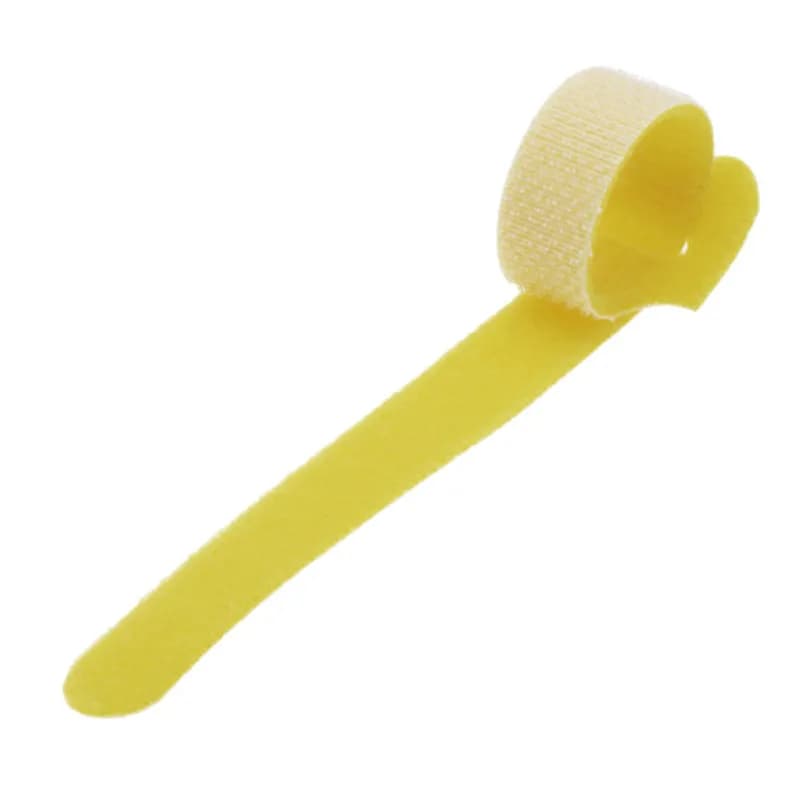 8-in Yellow hook and loop fastener Cable Ties - 25 Pieces hook and loop fastener Cable Ties offer a unique back-to-back fastening system: a self-gripping, double-sided strap that is easy to use and cost effective. They feature a molded high performance polyethylene hook fastener laminated on to a non-woven polyester loop. The low peel strength allows for easy entry or removal by the user yet the average shear strength is 3.0 psi, which increases substantially with each circular rotation. Will not over-cinch delicate cable and fiber optics. For use with cord and cable management, wire harnesses, inventory control, fibre optics, packaging, in-plant maintenance, etc. Allow for a minimum 2" overlap when installing.
