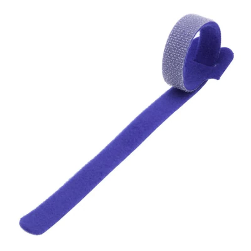 12-in Blue hook and loop fastener Cable Ties - 20 Pieces hook and loop fastener Cable Ties offer a unique back-to-back fastening system: a self-gripping, double-sided strap that is easy to use and cost effective. They feature a molded high performance polyethylene hook fastener laminated on to a non-woven polyester loop. The low peel strength allows for easy entry or removal by the user yet the average shear strength is 3.0 psi, which increases substantially with each circular rotation. Will not over-cinch delicate cable and fiber optics. For use with cord and cable management, wire harnesses, inventory control, fibre optics, packaging, in-plant maintenance, etc. Allow for a minimum 2" overlap when installing.