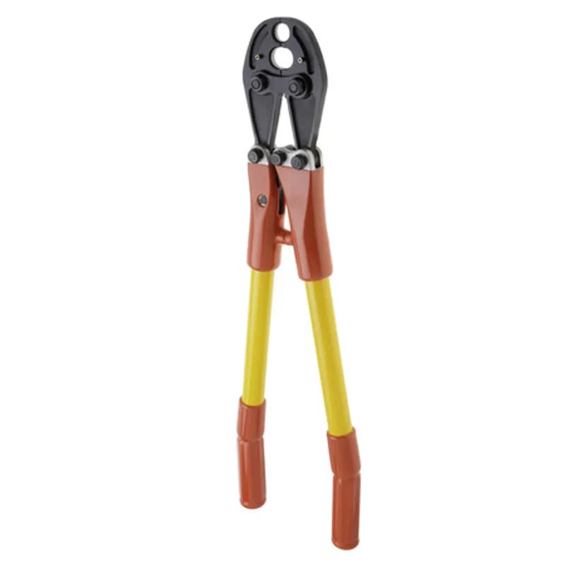 Mechanical Crimp Tool w/ O and D Nose Dies APPLICATIONS: Designed for use with wide range and H-Tap connectors. It has fiberglass handles and comes with "O" and "D" Nose Dies. It has an output of 4.5 tons.