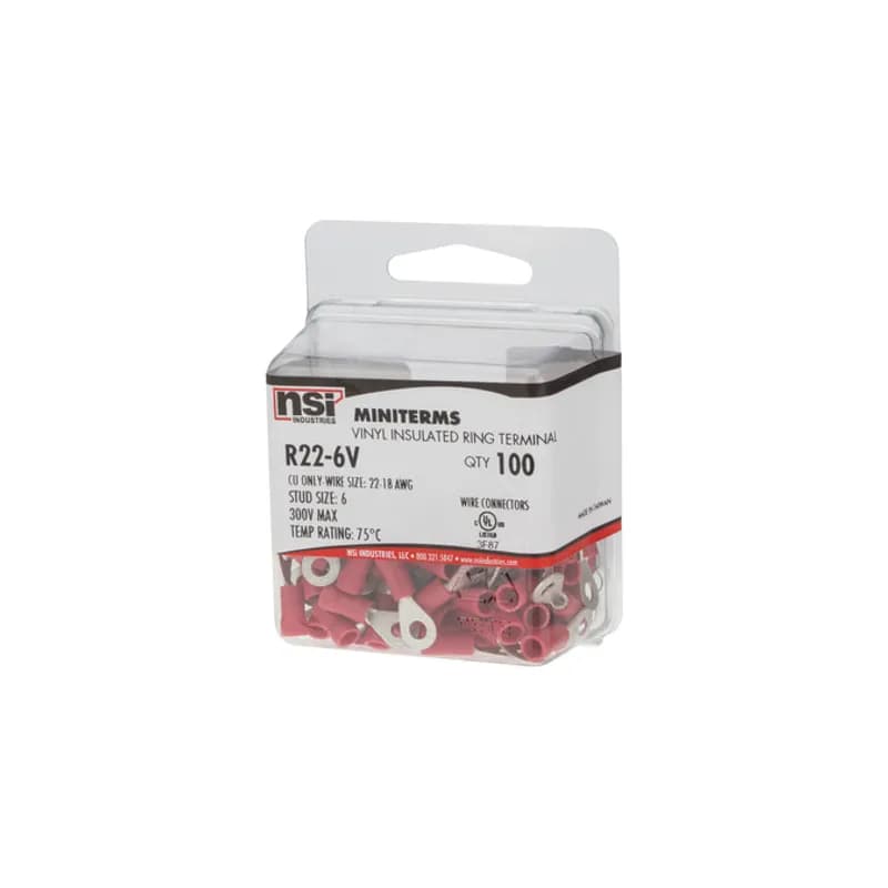 22-18 AWG Vinyl Insulated Ring #6 Stud, 100 Per Pack