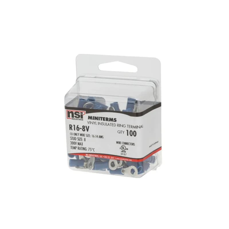 16-14 AWG Vinyl Insulated Ring #8 Stud - 100 Per Pack