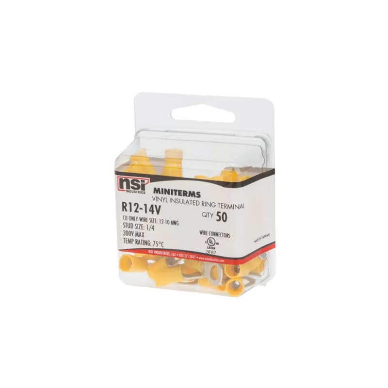 12-10 AWG Vinyl Insulated Ring 1/4" Stud, 50 Per Pack