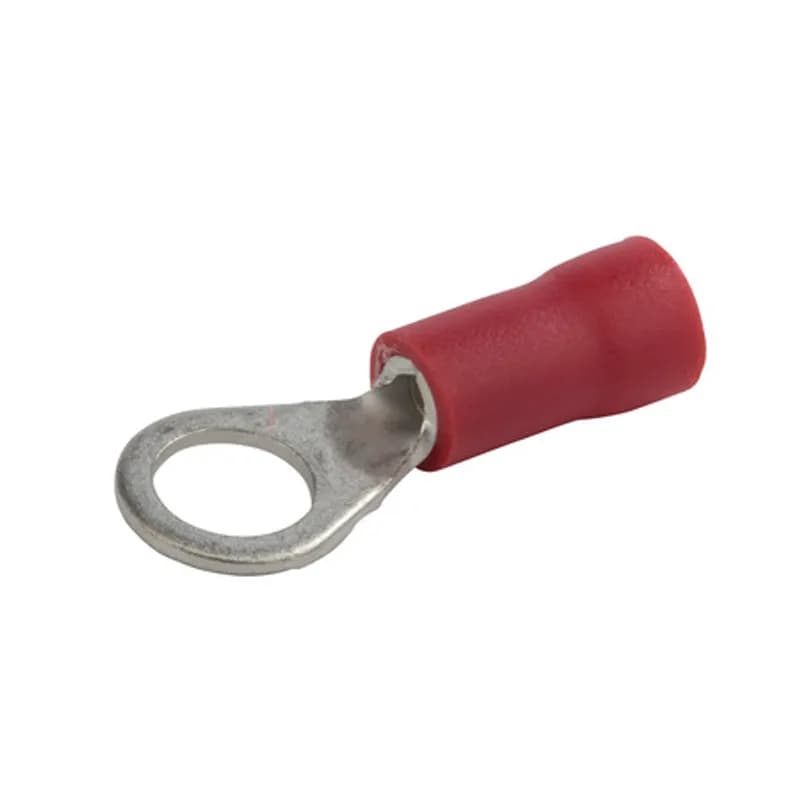 NSI Industries R22-10V-S - 22-18 AWG Vinyl Insulated Ring Terminal #10 Stud Vinyl ring terminals are basic tongue ring terminals. Safe and reliable connections because it cannot be disconnected unless the screw is completely removed. Vinyl insulated ring terminals are made of tin-plated copper with brazed seam, vinyl (PVC). 300V, 75 degrees C. FEATURES: STYLE: Standard MATERIAL: Vinyl QUANTITY: 25 Count WIRE SIZE: 22-18 AWG STUD SIZE: 10 LENGTH: 0.826 WIDTH: 0.314 BRAND EQUIVALENT: Morris Products 01016 Penn Union R4A10 Ilsco 44203-B10