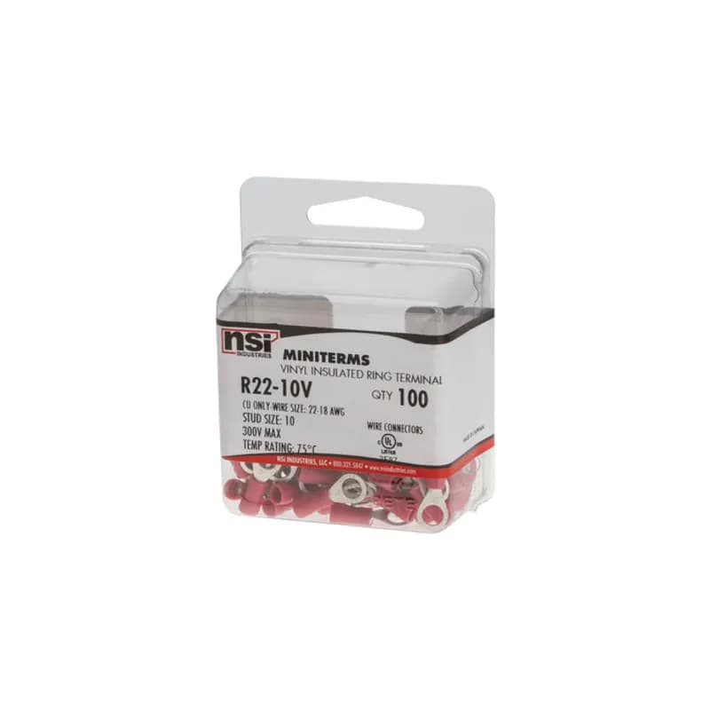 22-18 AWG Vinyl Insulated Ring #10 Stud, 100 Per Pack