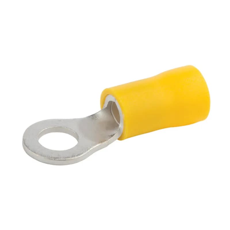 12-10 AWG Vinyl Insulated Ring Terminal #10 Stud Vinyl ring terminals are basic tongue ring terminals. Safe and reliable connections because it cannot be disconnected unless the screw is completely removed. Vinyl insulated ring terminals are made of tin-plated copper with brazed seam, vinyl (PVC). 300V, 75 degrees C. FEATURES: STYLE: Standard MATERIAL: Vinyl QUANTITY: 15 Count WIRE SIZE: 12-10 AWG STUD SIZE: 10 LENGTH: 1.003 WIDTH: 0.374 BRAND EQUIVALENT: Burndy TP1010 Morris Products 10064 Ilsco 44222-B10 Thomas & Betts 10RC10 Penn Union R4C10