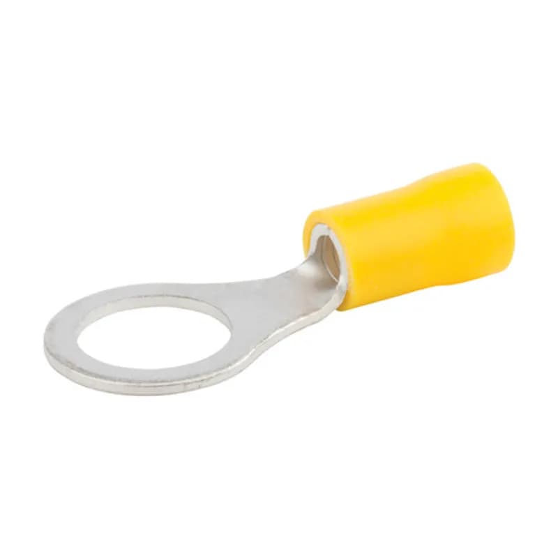 12-10 AWG Vinyl Insulated Ring Terminal 3/8" Stud Vinyl ring terminals are basic tongue ring terminals. Safe and reliable connections because it cannot be disconnected unless the screw is completely removed. Vinyl insulated ring terminals are made of tin-plated copper with brazed seam, vinyl (PVC). 300V, 75 degrees C. FEATURES: STYLE: Standard MATERIAL: Vinyl QUANTITY: 10 Count WIRE SIZE: 12-10 AWG STUD SIZE: 3/8 " LENGTH: 1.326 WIDTH: 0.59 BRAND EQUIVALENT: Morris Products 01070 Ilsco 44224-B10 Panduit PV1038RL Penn Union R4C38