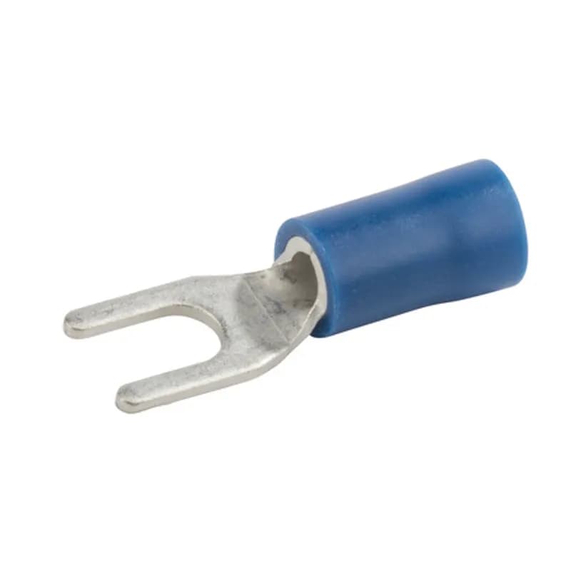 16-14 AWG Vinyl Insulated Spade Terminal #6 Stud Vinyl insulated spade terminals have an open tongue end for rapid insertion on the mounting screw. Typically used on free-standing studs. Vinyl insulated spade terminals are made of electro tin-plated copper, vinyl (PVC). 300V, 75 degrees C. FEATURES: STYLE: Standard MATERIAL: Vinyl QUANTITY: 20 Count WIRE SIZE: 16-14 AWG STUD SIZE: 6 LENGTH: 0.966 WIDTH: 0.388 BRAND EQUIVALENT: Thomas & Betts 14RB6F Morris Products 01132 Morris Products 10132 Ideal 83-7151 Penn Union S4B-6