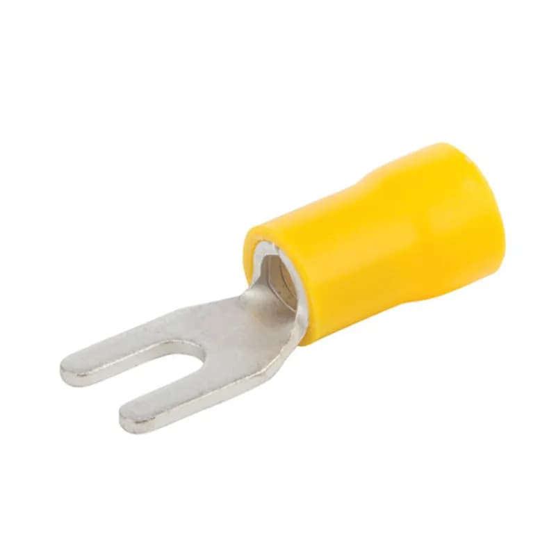 Tin-plated Copper Spade terminal is insulated with vinyl and has an open tongue end for rapid insertion on the mounting screw. Used for wire termination in applications with #6 Stud and 12-10 AWG.