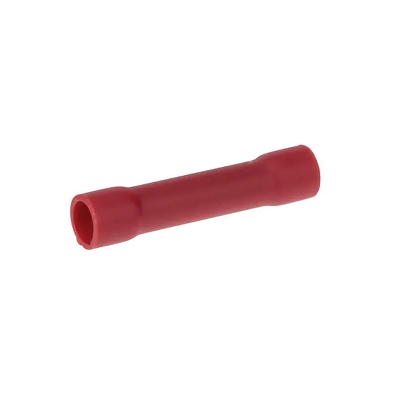 22-18 AWG Vinyl Insulated Butt Splice Connectors -25 Count Vinyl Butt Splice Connectors are made of insulating vinyl. Stripped wires are inserted from each end and "butt" in the center. A crimp at each end secures the connection. Electro tin plated copper, vinyl (PVC). 300V, 75 degrees C. FEATURES: STYLE: Butt Splice Connector MATERIAL: Vinyl QUANTITY: 25 Count WIRE SIZE: 22-18 LENGTH: 1.004 BRAND EQUIVALENT: Morris Products 01182 Panduit BSV18XCY Ilsco 44900-B10 Ideal 83-9281 Penn Union B4A