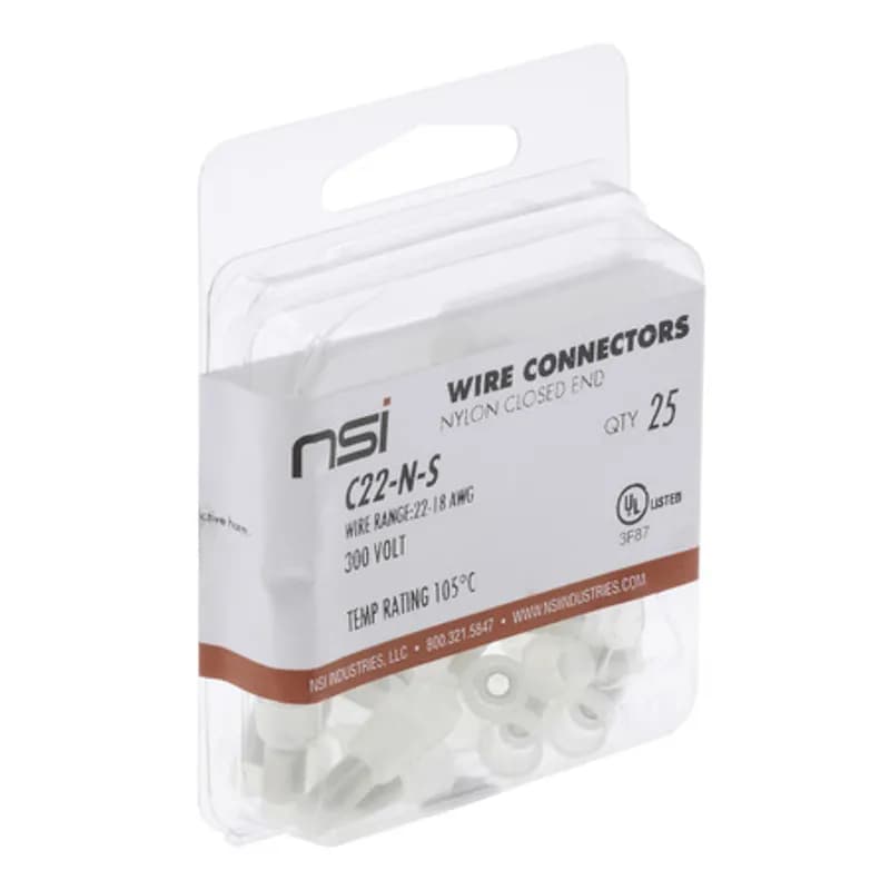 NSI Industries C22-N-S - The Easy-Twist C22-N-S 25-Count Pack of Nylon Closed-End Wire Connectors are designed for use on pre-insulated wires in the 22-18 AWG size range. They’re UL-certified as self-extinguishing and rated for a maximum temperature of 105˚ Celsius (221˚ Fahrenheit). The closed-end nylon connector features an internal metal crimp sleeve that can be tightened over twisted pre-insulated wires to form a safe and secure join. Their compact design is useful for applications in tight areas or anywhere else you need to connect wires.