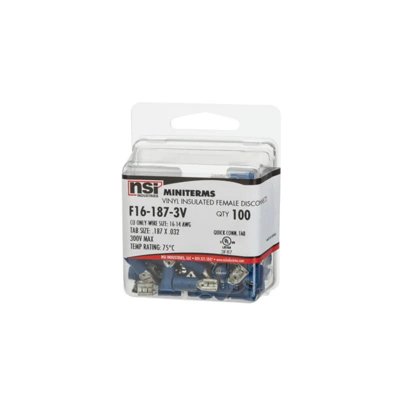16-14 AWG Vinyl Insulated Female Disc .187X.032, 100 Per Pack