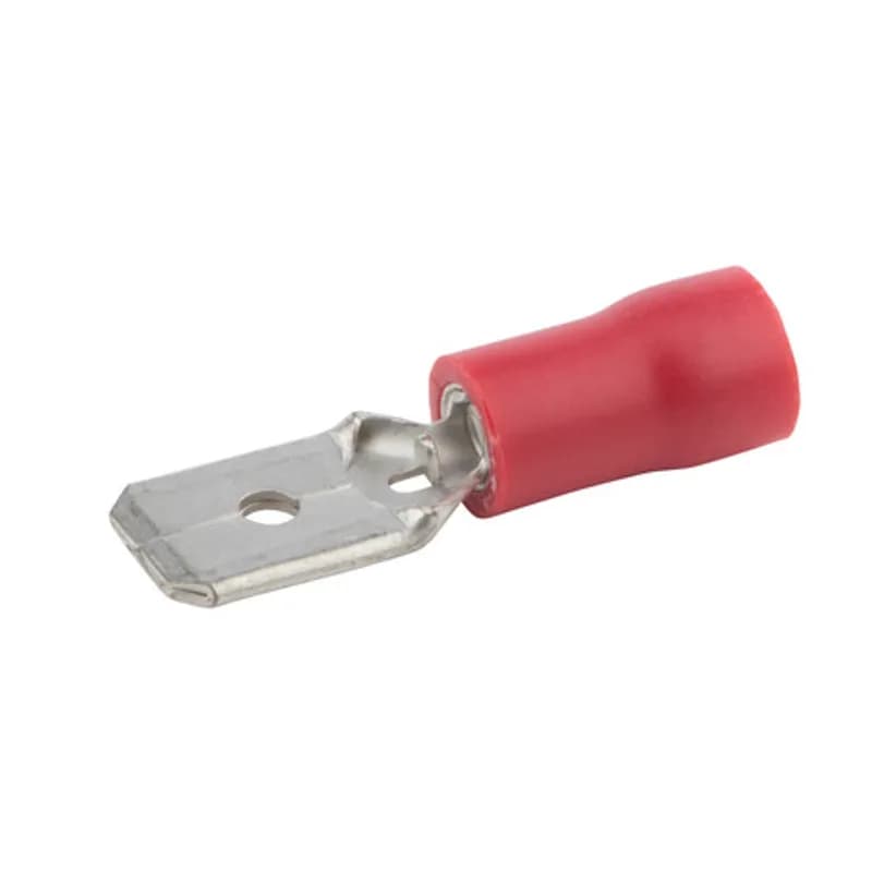 22-18 AWG Vinyl Insulated Male Disconnect with 0.250 Stud - 30 Count Vinyl Insulated Male Disconnects are entirely covered in an insulating vinyl. Electro tin plated, vinyl (PVC). 300V, 75 degrees C. FEATURES: STYLE: Male Disconnect MATERIAL: Vinyl QUANTITY: 30 Count WIRE SIZE: 22-18 STUD SIZE: 0.250 BRAND EQUIVALENT: Morris 10214 Ideal 83-9971 Ilsco 45101-B10 Penn Union MT4A250