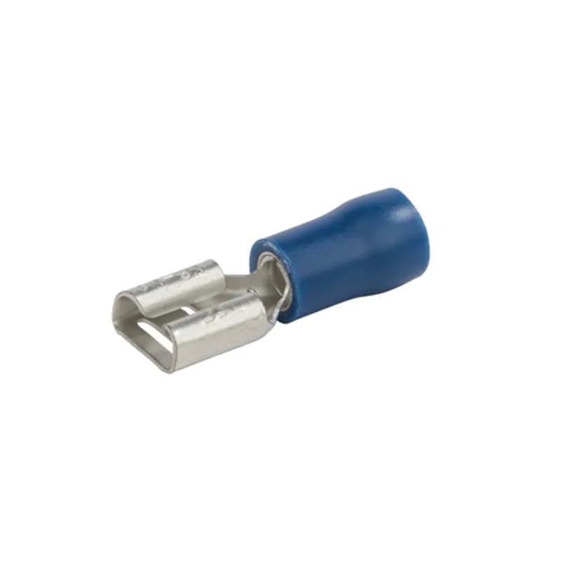 16-14 AWG Vinyl Insulated Female Disconnect with 0.250 Stud - 25 Count Vinyl Insulated Female Disconnects are entirely covered in an insulating vinyl. Electro tin plated, vinyl (PVC). 300V, 75 degrees C. FEATURES: STYLE: Female Disconnect MATERIAL: Vinyl QUANTITY: 25 Count WIRE SIZE: 16-14 STUD SIZE: 0.250 BRAND EQUIVALENT: Morris 01324 Thomas & Betts 14RB250F Panduit DV14250BC Ilsco 45110-B10 Ideal 83-9581 Penn Union FR4B250