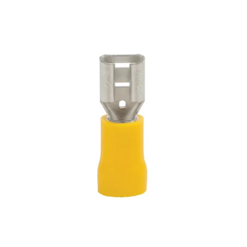 12-10 AWG Vinyl Insulated Female Disconnect with 0.250 Stud - 15 Count Vinyl Insulated Female Disconnects are entirely covered in an insulating vinyl. Turned up edges give this spade more safety and reliability. 300V, 105 degrees C. FEATURES: STYLE: Female Disconnect MATERIAL: Vinyl QUANTITY: 15 Count WIRE SIZE: 12-10 STUD SIZE: 0.250 BRAND EQUIVALENT: Morris 01332 Ideal 83-9601 Ilsco 45120-B10