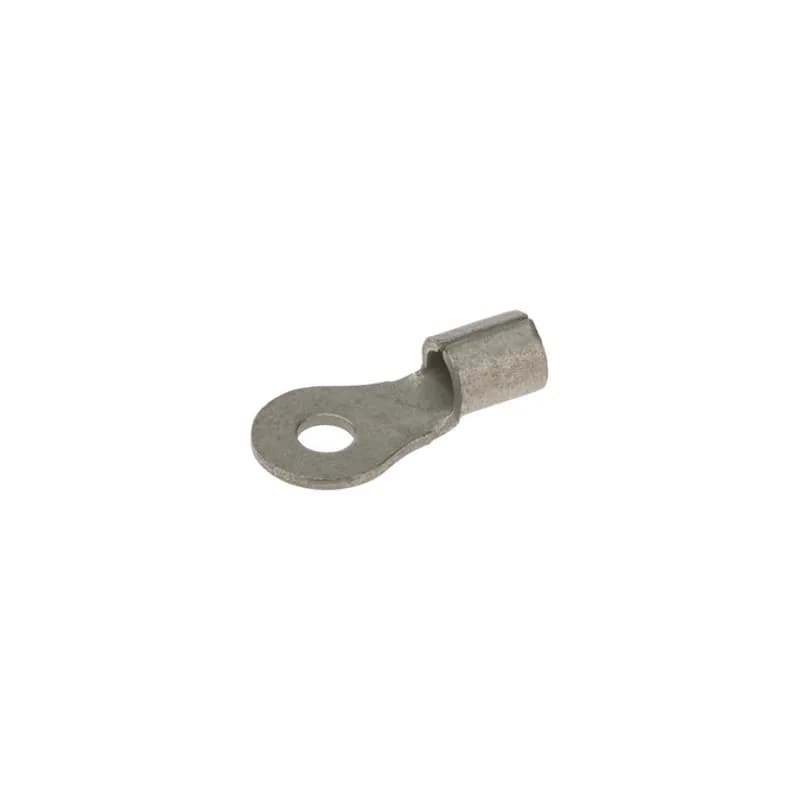 Tin-plated Copper Bare Ring Terminal is non-insulated and has a basic tongue type ring. Used for wire termination in applications with #6 Stud and 12-10 AWG. 50 per pack