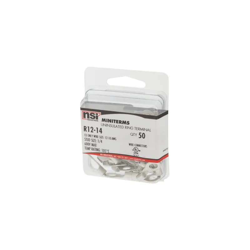 Tin-plated Copper Bare Ring Terminal is non-insulated and has a basic tongue type ring. Used for wire termination in applications with 1/4" Stud and 12-10 AWG. 50 per pack