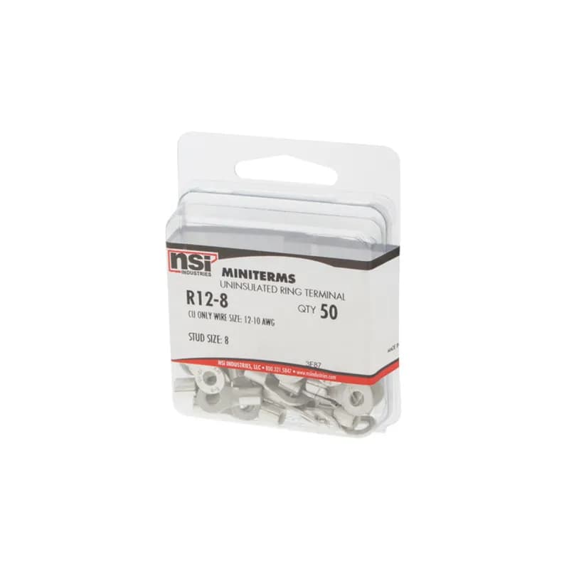 Tin-plated Copper Bare Ring Terminal is non-insulated and has a basic tongue type ring. Used for wire termination in applications with #8 Stud and 12-10 AWG. 50 per pack