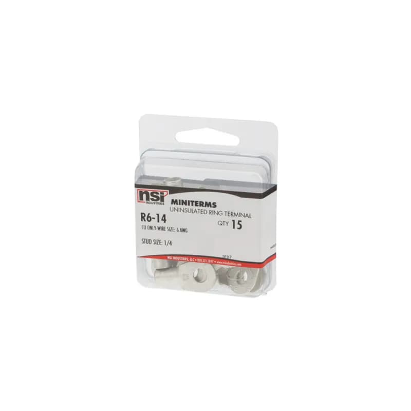Tin-plated Copper Bare Ring Terminal is non-insulated and has a basic tongue type ring. Used for wire termination in applications with 1/4" Stud and 6 AWG