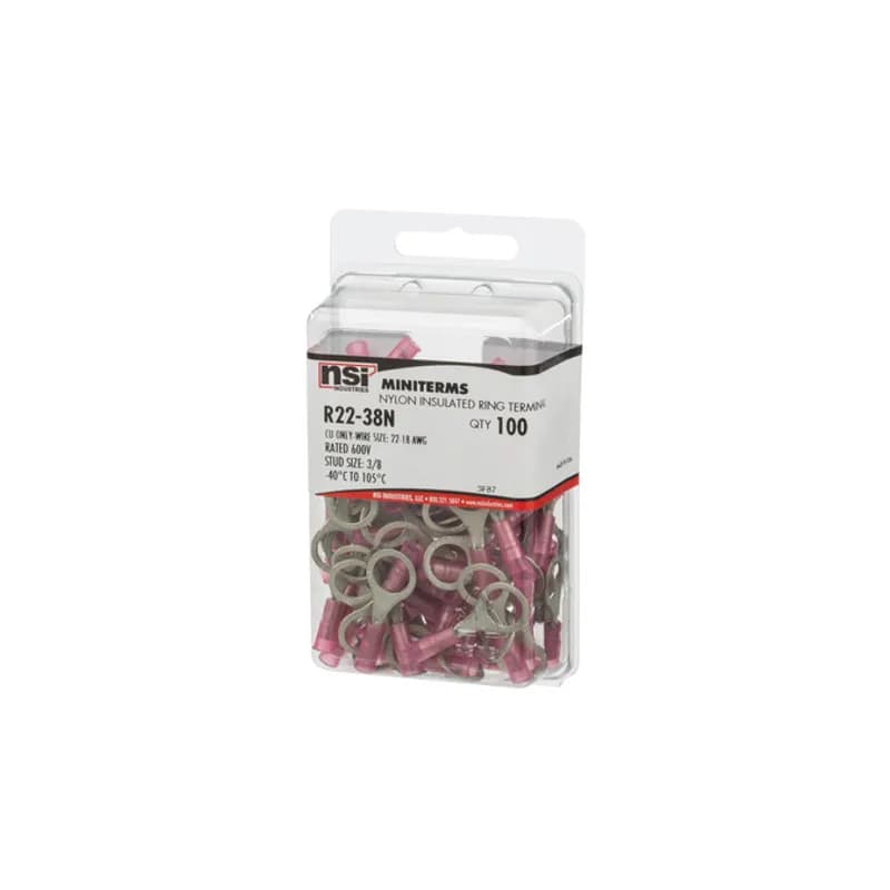 22-18 AWG Nylon Insulated Ring 3/8" Stud, 100 Per Pack