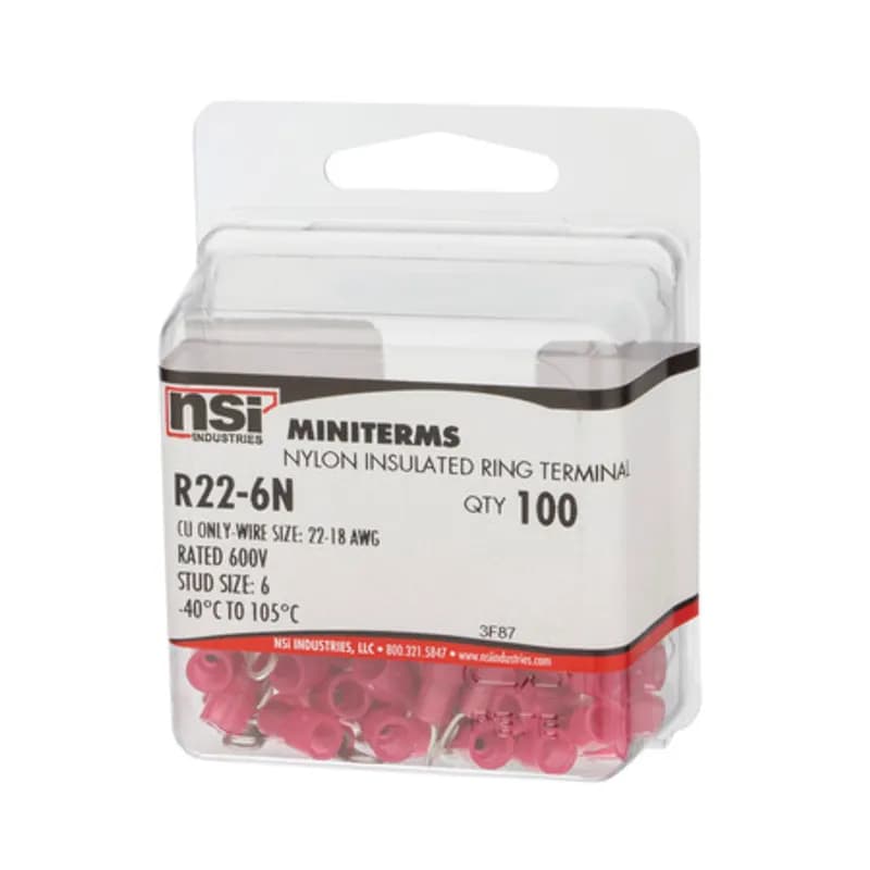 22-18 AWG Nylon Insulated Ring Terminal #6 Stud - 100 Count Nylon ring terminals are basic tongue type ring terminals. Safe and reliable connections because it cannot be disconnected unless the screw is completely removed. NSi nylon insulated ring terminals are made of electro tin-plated copper with brazed seam, easy entry. Nylon, 600V, 105 degrees C FEATURES: STYLE: Standard MATERIAL: Nylon QUANTITY: 100 Count WIRE SIZE: 22-18 AWG STUD SIZE: 6 LENGTH: 0.866 WIDTH: 0.314 BRAND EQUIVALENT: Burndy TN18-6 Greaves R18-6N Morris 11314 Panduit PN18-6R-C Penn Union R6A-6 Thomas & Betts RA18-6