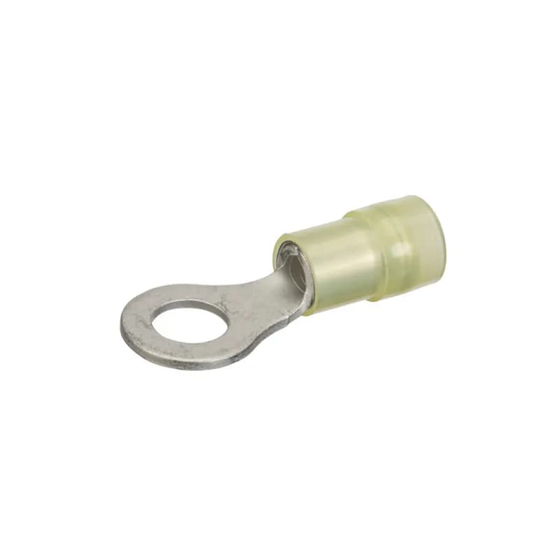 Tin-plated Copper Ring Terminal with Nylon Insulation and has a basic tongue type ring. Used for wire termination in applications with 1/4 Stud and 12-10 AWG. 50 per pack