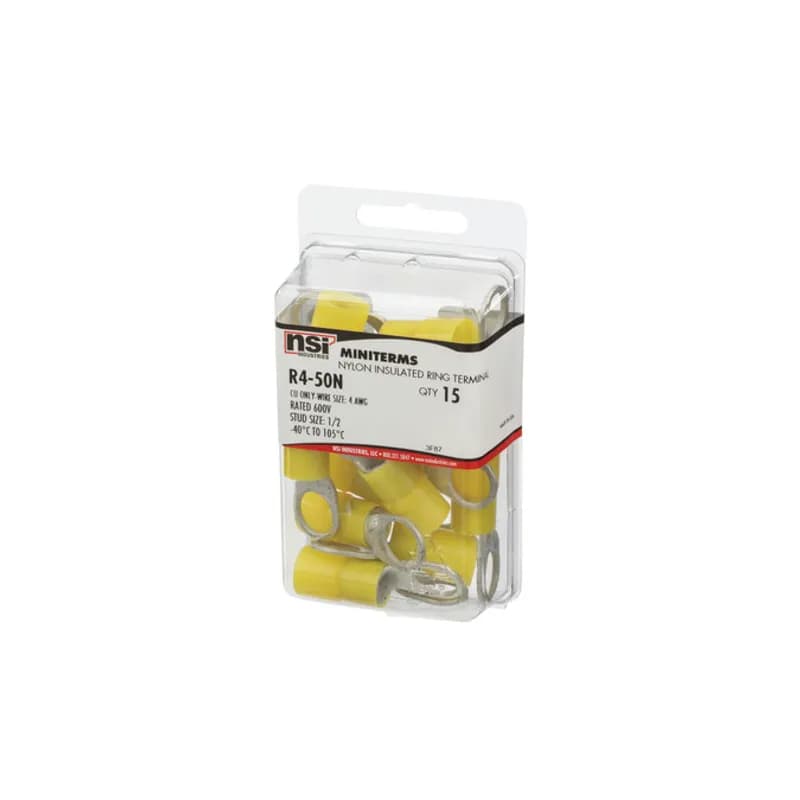 NSI Industries R4-50N - 4 AWG Nylon Insulated Ring 1/2" Stud, 15 Per Pack