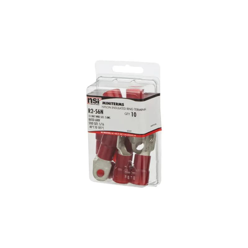 NSI Industries R2-56N - 2 AWG Nylon Insulated Ring 5/16" Stud, 10 Per Pack