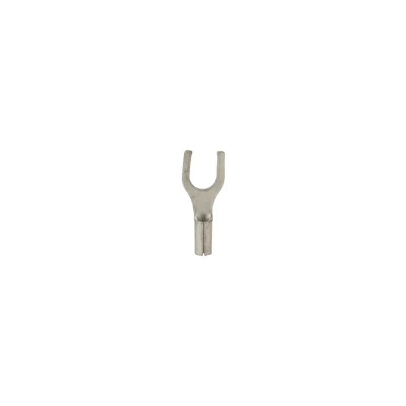 Tin-plated Copper Bare Spade terminal is non-insulated and has an open tongue end for rapid insertion on the mounting screw. Used for wire termination in applications with #10 Stud and 22-18 AWG