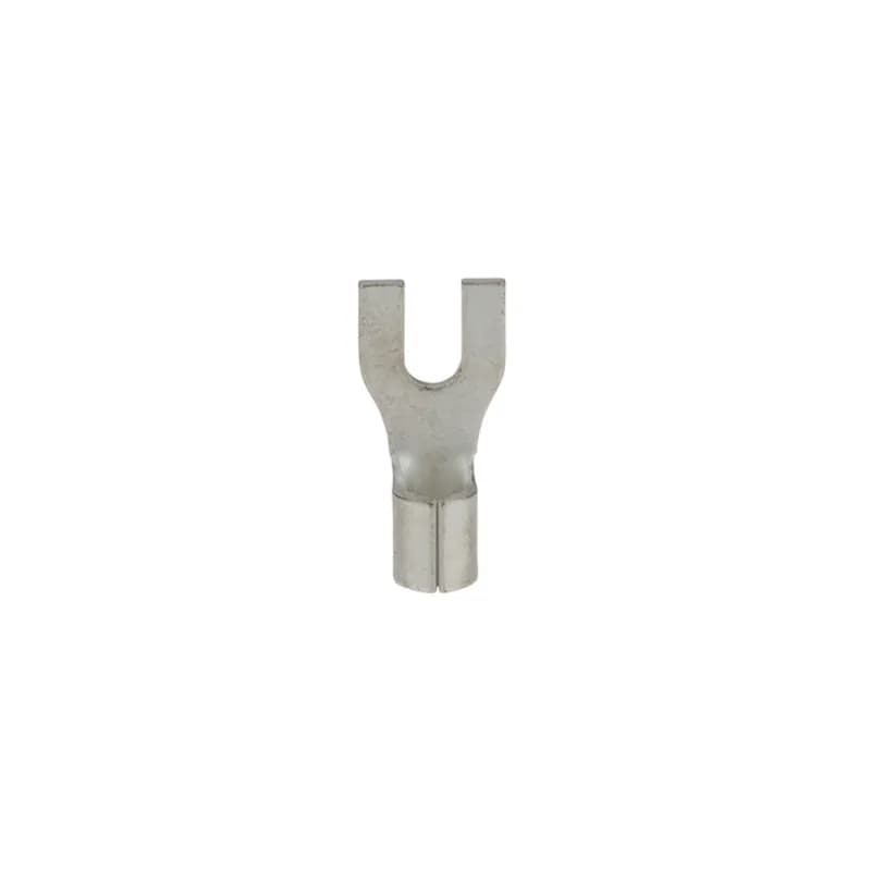 Tin-plated Copper Bare Spade terminal is non-insulated and has an open tongue end for rapid insertion on the mounting screw. Used for wire termination in applications with #6 Stud and 12-10 AWG