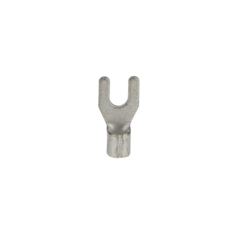 Tin-plated Copper Bare Spade terminal is non-insulated and has an open tongue end for rapid insertion on the mounting screw. Used for wire termination in applications with #8 Stud and 12-10 AWG