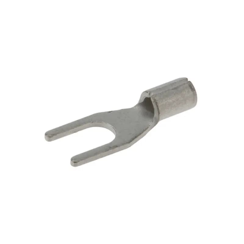 Bare Spade terminal is non-insulated and has an open tongue end for rapid insertion on the mounting screw. Used for wire termination in applications with #6 Stud and 22-18 AWG