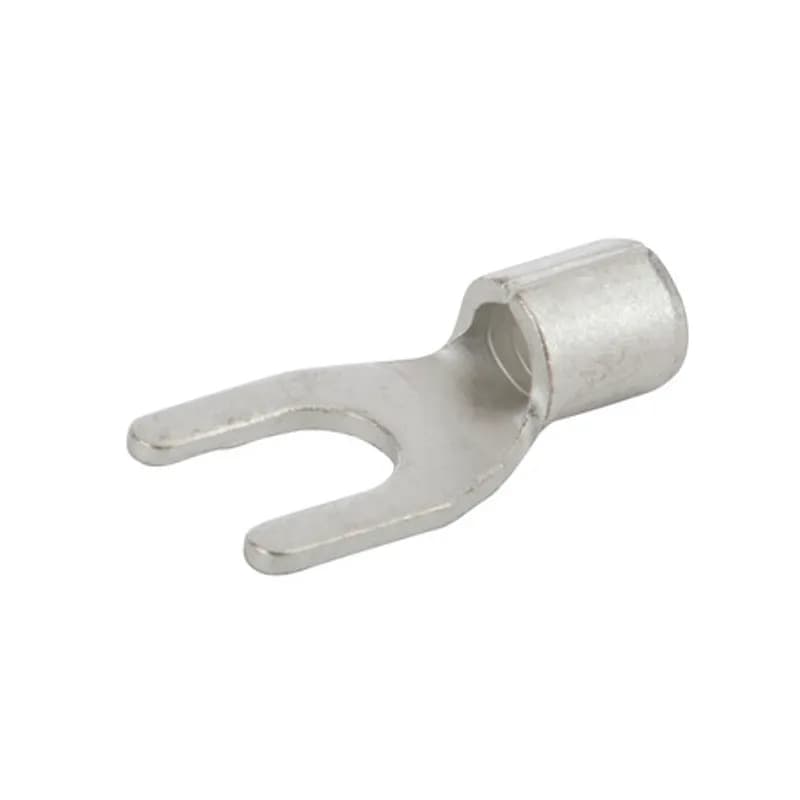 Tin-plated Copper Bare Spade terminal is non-insulated and has an open tongue end for rapid insertion on the mounting screw. Used for wire termination in applications with #10 Stud and 12-10 AWG