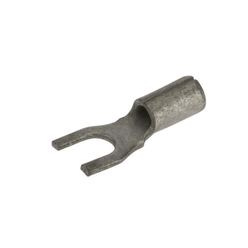 Tin-plated Copper Bare Spade terminal is non-insulated and has an open tongue end for rapid insertion on the mounting screw. Used for wire termination in applications with #6 Stud and 16-14 AWG